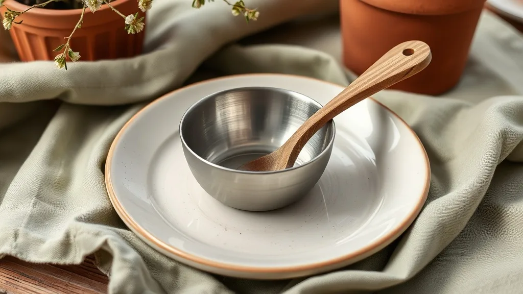 Une cuillère d’apprentissage en bois et inox en forme de voiture de course rouge, posée sur une table en bois clair, à côté d’une assiette d’enfant.