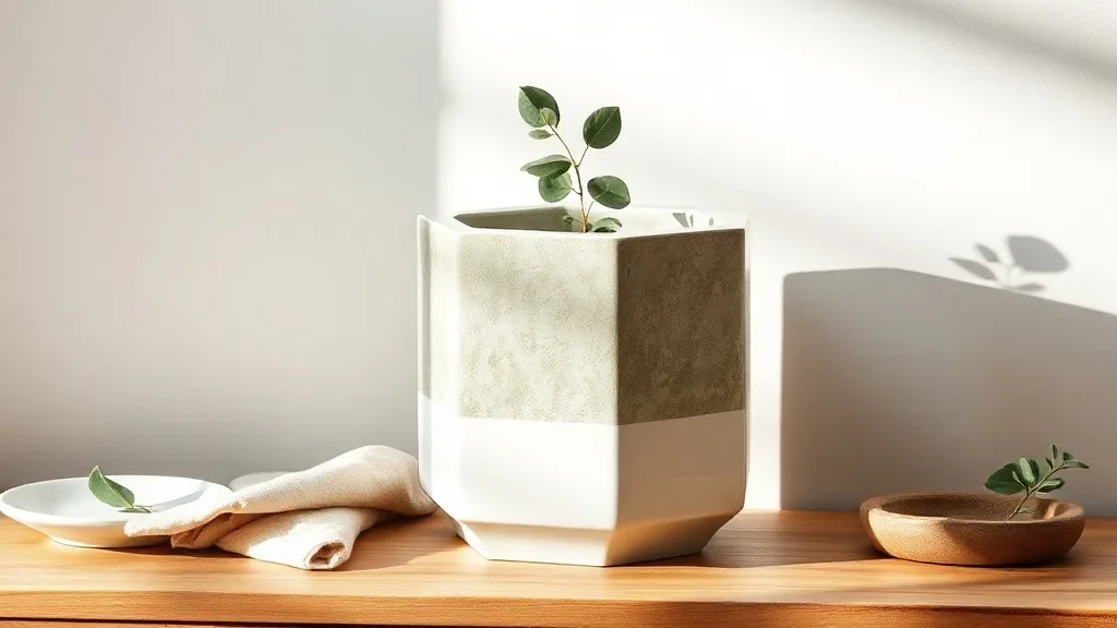 Un petit pot de stockage hexagonal en béton avec des veines marbrées, posé sur un plan de travail en bois clair, à côté