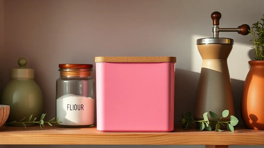 Boîte de rangement de cuisine rose fluo avec couvercle en liège, posée sur un plan de travail en bois clair à côté d'un