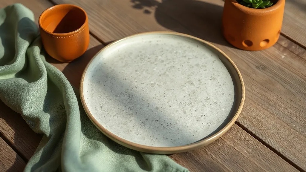 Assiette plate effet pierre posée sur une table en bois brut, avec un reflet de lumière rasante qui souligne la texture