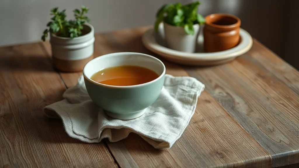 Deux bols à soupe en porcelaine blanche posés sur une table en bois clair, une serviette en lin pliée à côté, lumière