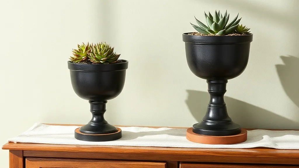 Deux pots en métal noir posés sur des pieds dorés, abritant une plante verte et une plante retombante, sur un fond de mur
