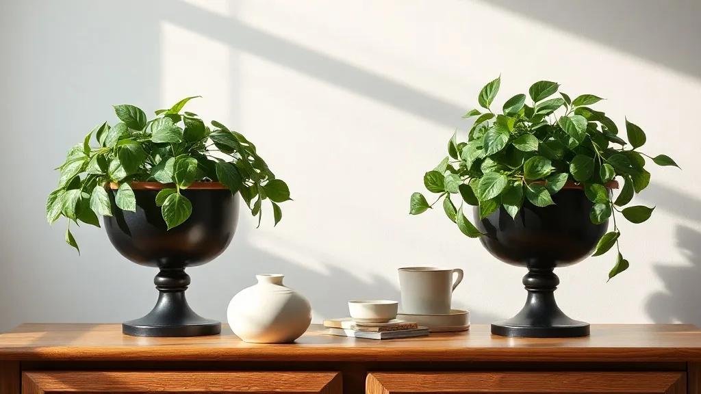 Deux pots en métal noir montés sur de fins piédestals dorés, disposés sur un rebord de fenêtre devant une vitre lumineuse