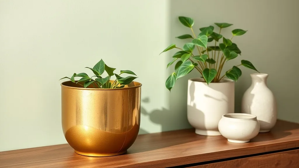 Jardinière d'intérieur en métal doré reposant sur un socle noir, occupée par une plante verte, posée devant une fenêtre