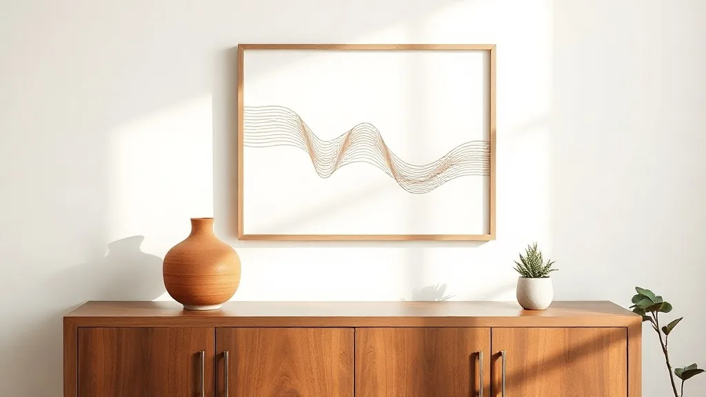Affiche encadrée d'art linéaire aux traits abstraits ocre sur fond blanc, posée sur une commode en bois clair à côté d'un