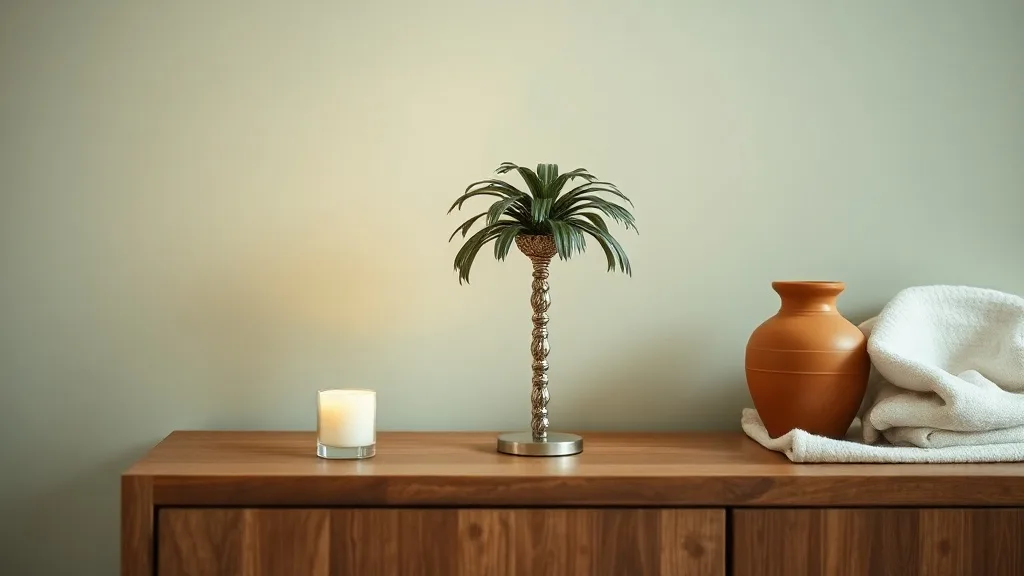 Porte-bougie en métal doré en forme de palmier, posé sur un buffet en bois foncé, une bougie allumée projette des ombres sur
