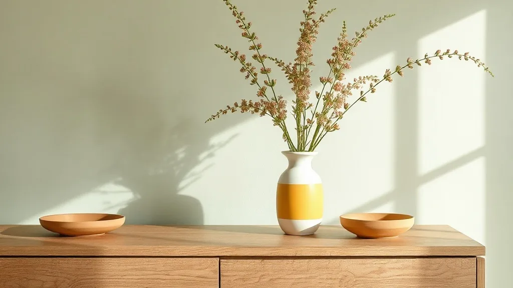 Vase en céramique jaune citron et blanc cassé, forme géométrique douce, posé sur un meuble en bois clair avec quelques