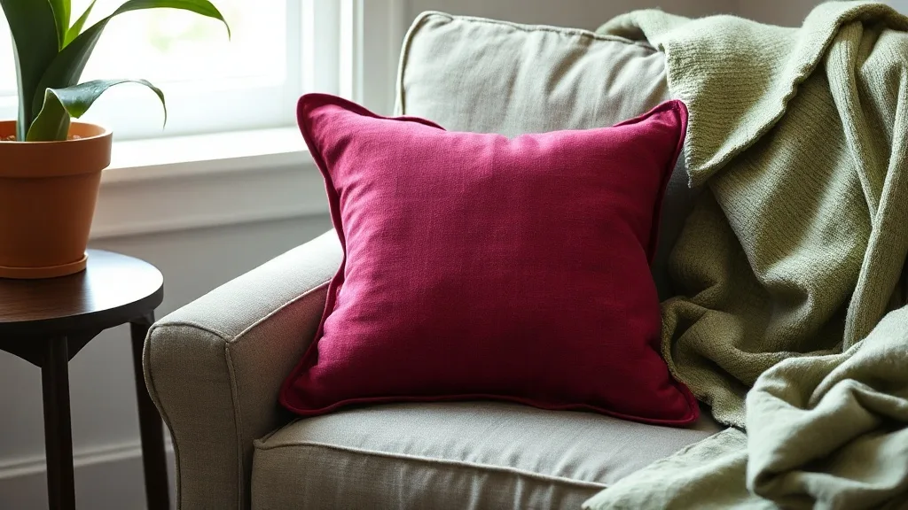 Coussin magenta à broderies florales Trichord posé sur un fauteuil en velours gris, dans un salon baigné de lumière naturelle