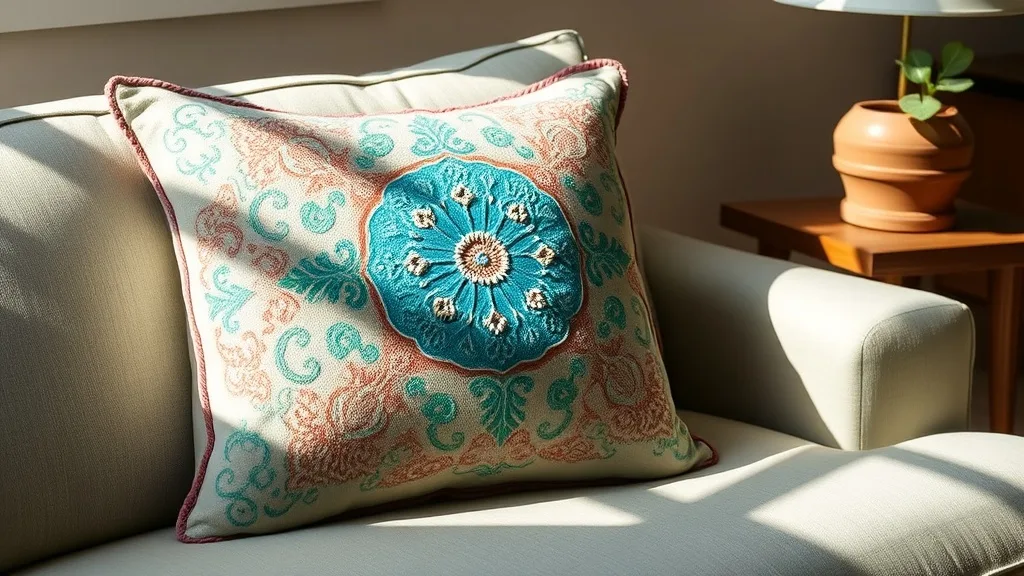 Coussin carré brodé Suzani turquoise posé sur un fauteuil en velours vieux rose, lumière rasante qui souligne le relief des