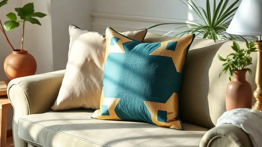 Coussin géométrique en tissu métallisé or et bleu sarcelle posé sur un canapé en velours gris, lumière rasante de fin