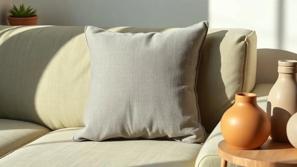 Un coussin gris en forme de triangle posé sur un fauteuil en lin, lumière naturelle d'après-midi, ombres douces sur un mur