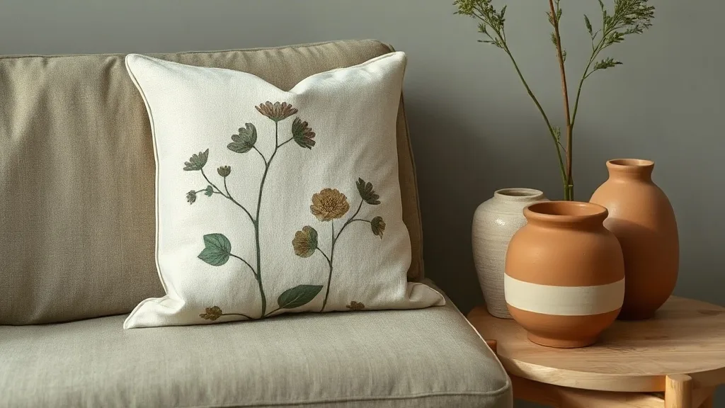 Coussin en coton et lin affichant un imprimé botanique vieilli, mêlant fleurs séchées, graminées et un papillon sur un fond