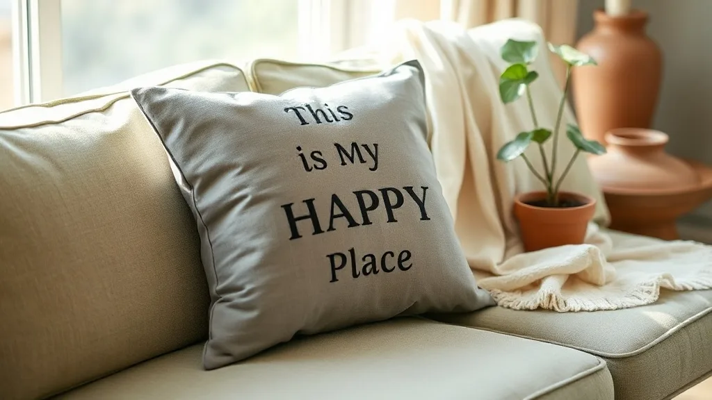 Un coussin gris portant l'inscription This Is My Happy Place, posé sur un canapé en lin froissé, lumière douce de fin