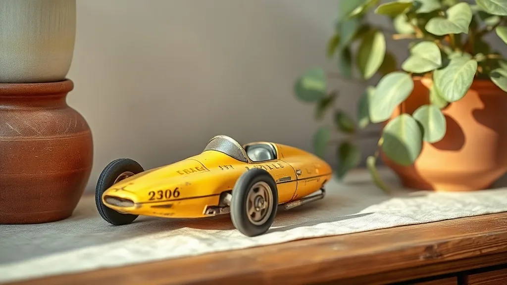 Une petite voiture de course en métal jaune posée sur une étagère en bois, à côté de livres pour enfants. La peinture