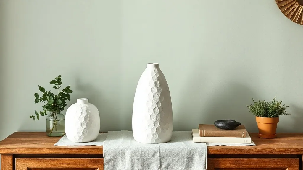 Trois vases en céramique blanche à texture rugueuse, disposés sur une étagère en bois, captant la lumière rasante de fin de