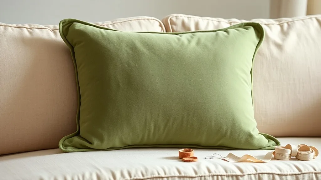 Coussin carré en velours vert pin avec un passepoil assorti, posé sur un fauteuil en bois et tissu écru, lumière douce de