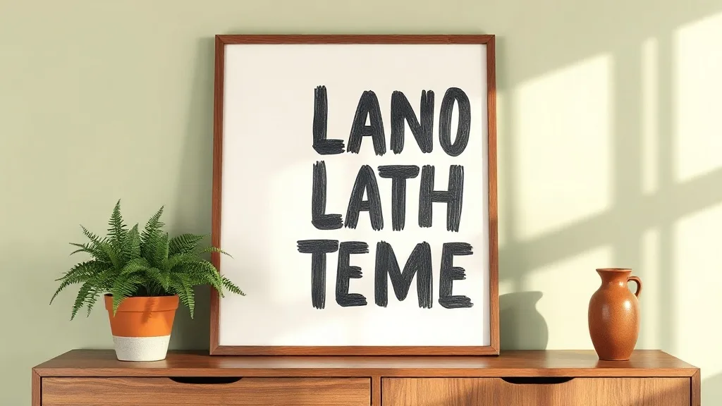 Une affiche typographique encadrée de bois clair, posée contre un mur peint en blanc cassé, laissant voir un jeu d'ombre