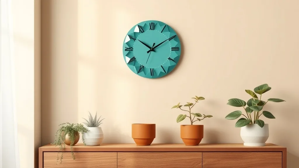 Horloge murale géométrique en forme de diamant avec un cadran turquoise, aiguilles noires et boîtier en bois, accrochée sur
