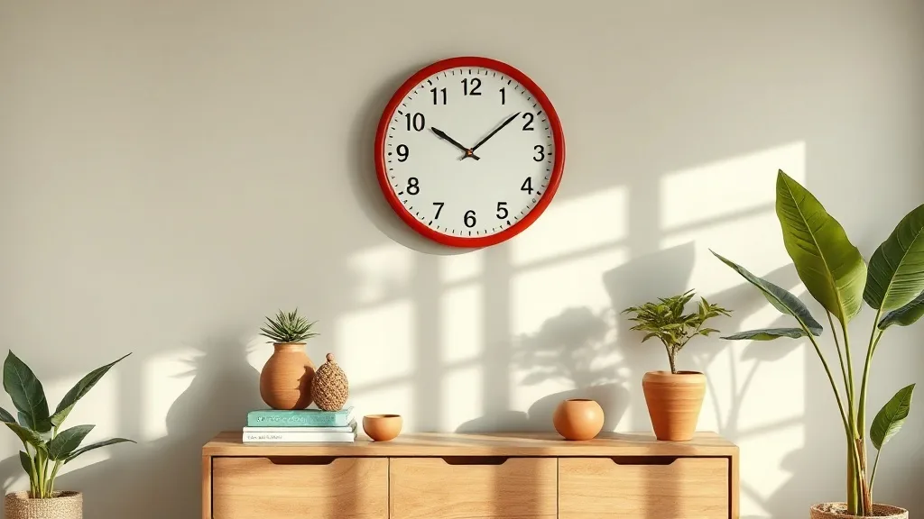 Horloge murale Bullitt rouge au design Mid-Century sur un mur clair, cadran blanc, chiffres noirs, fines aiguilles
