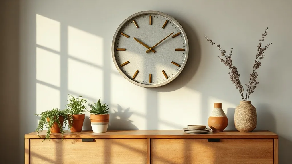 Une horloge murale en béton brut avec des chiffres et des aiguilles en métal doré, fixée par une sangle en cuir sur un mur