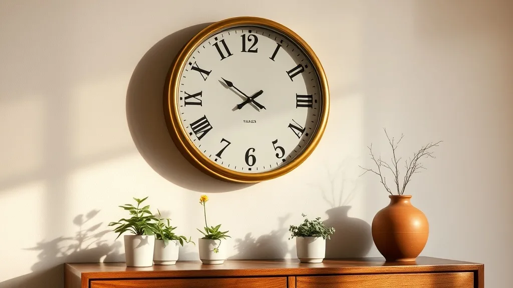 Horloge murale ronde art déco avec cadre en laiton, cadran blanc et aiguilles fines en laiton, suspendue à une lanière en