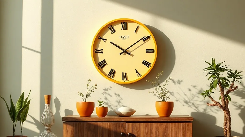 Horloge murale jaune style industriel années 50 avec cadran clair et aiguilles noires, fixée sur un mur en brique peinte en