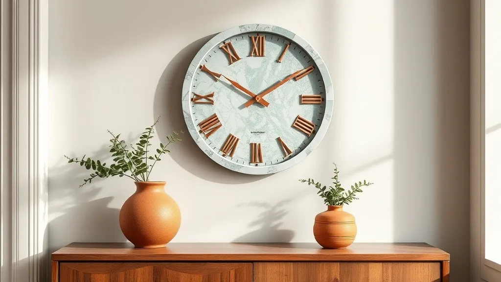 Gros plan sur une horloge murale ronde à effet marbre blanc veiné, aiguilles et index en cuivre brossé, fixée sur un mur à