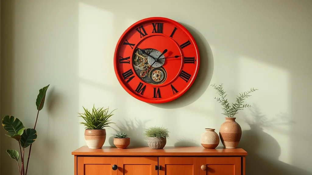 Horloge murale rouge au design sobre avec aiguilles fines et boîtier en acier laqué, accrochée sur un mur blanc, lumière