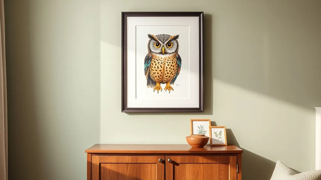 Affiche encadrée de hibou multicolore dans un cadre en bois blanc, accrochée au-dessus d'un petit bureau en bois clair avec