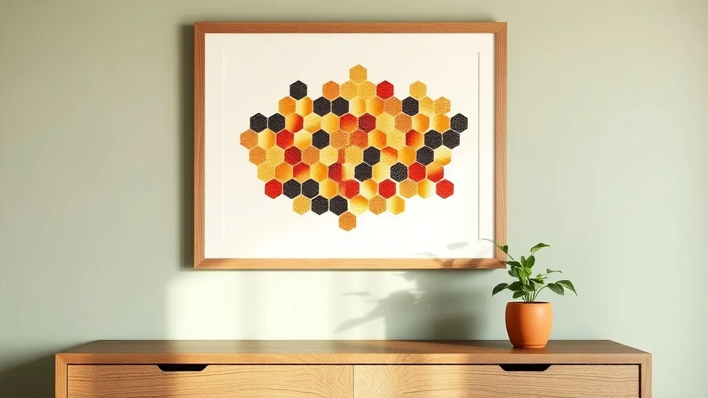 Affiche décorative motif nid d'abeilles multicolore dans un cadre en bois blanc avec passe-partout, accrochée sur un mur