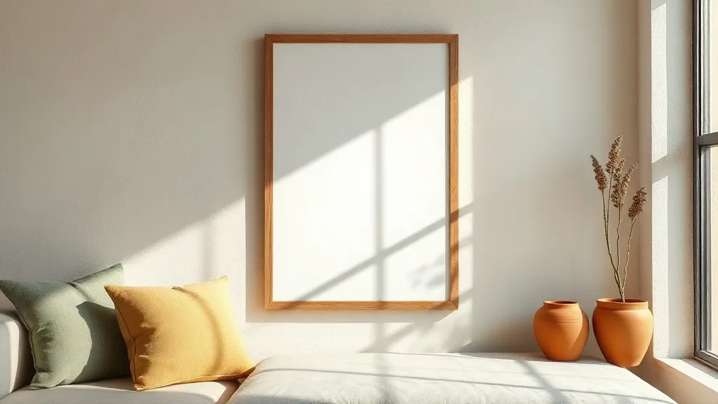 Affiche encadrée art abstrait tons ocre et blanc dans un intérieur sobre, cadre bois clair, lumière douce sur un mur blanc