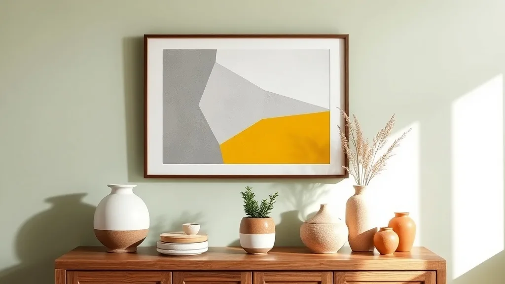 Affiche géométrique à motif flèche dans des tons gris et moutarde, encadrée de bois clair, accrochée au-dessus d'un buffet