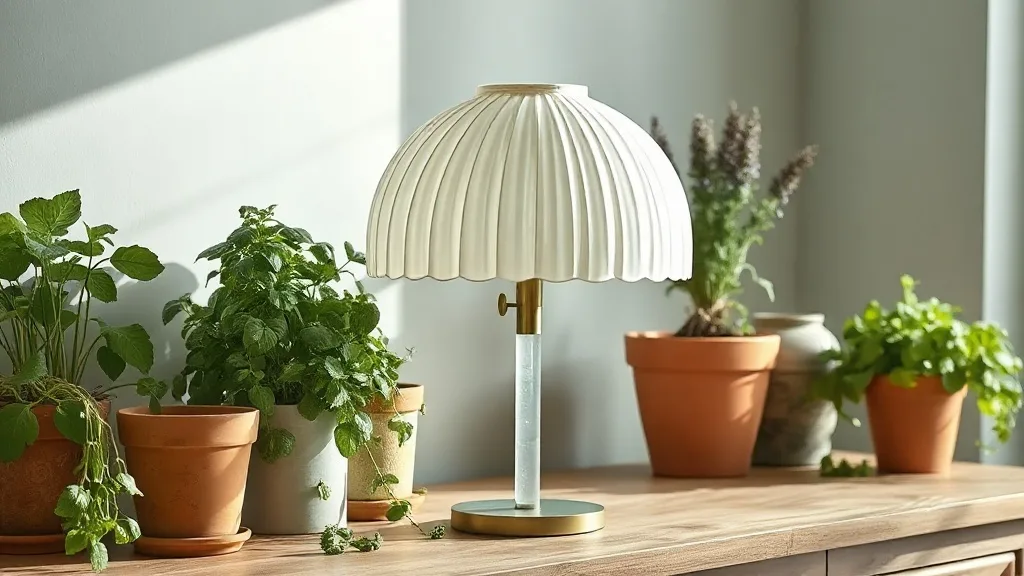 Lampe de table style Bourgie en polycarbonate transparent posée sur un buffet en bois sombre, abat-jour plissé éclairé par