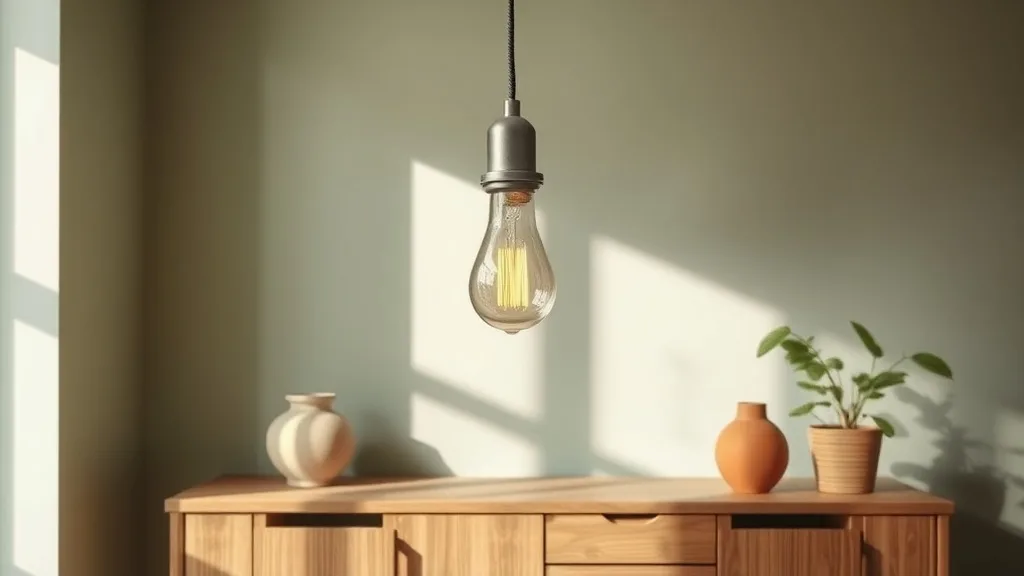Suspension LED métal noir à ampoule visible en forme de poire, fixée à une poutre, projetant une lumière chaude sur un plan